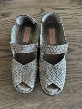 BareTraps Silver Woven Peep-Toe Wedge Mary Jane Sandals